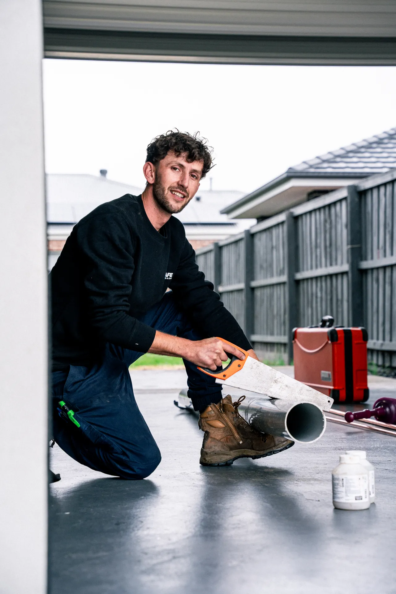Mr Drainage technician preparing a trenchless sewer drain repair in Melbourne